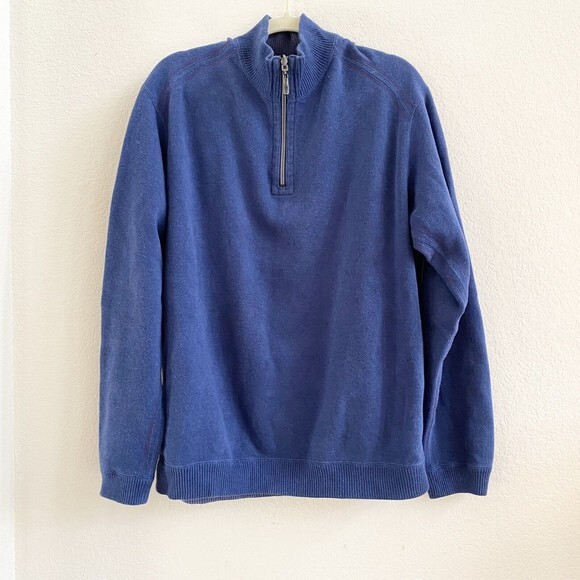 Tommy Bahama 100% Cotton Sz M Blue Reversible 1/4 Zip Mock Neck Pullover Sweater - Picture 1 of 7